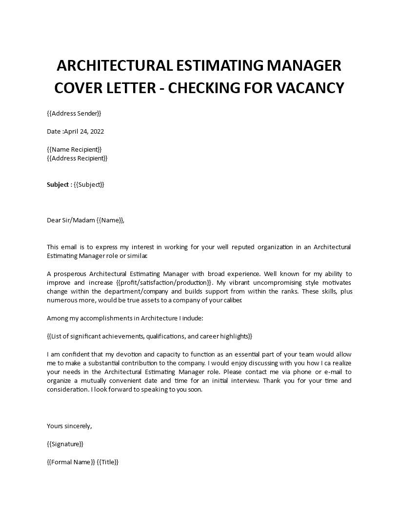architecture estimating manager cover letter