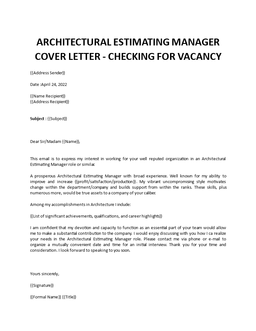 architecture estimating manager cover letter Main Image architecture estimating manager cover letter template