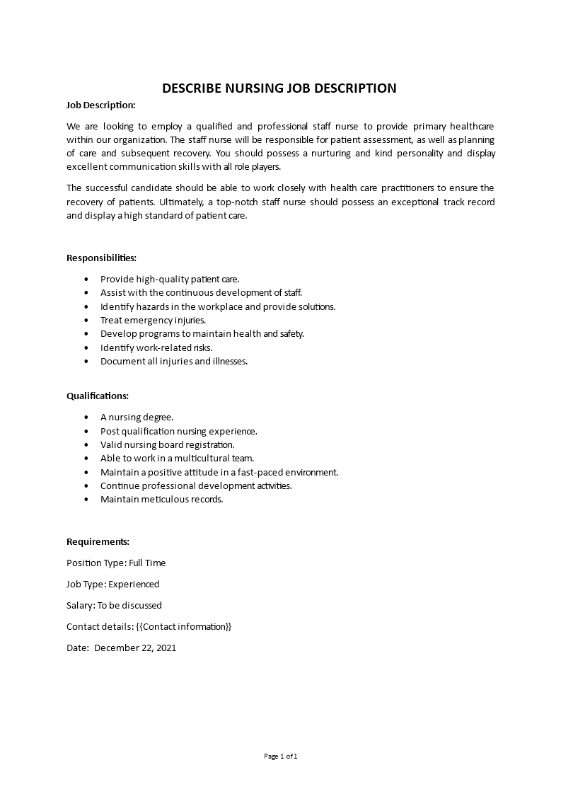 nursing job description Main Image nursing job description template