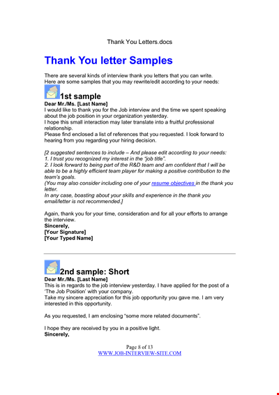 Thank You Letter After Interview Template