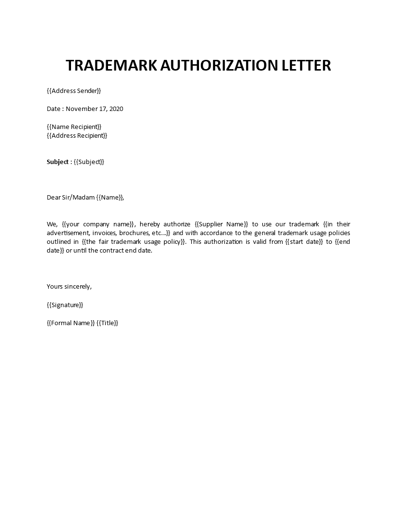 trademark authorization letter template