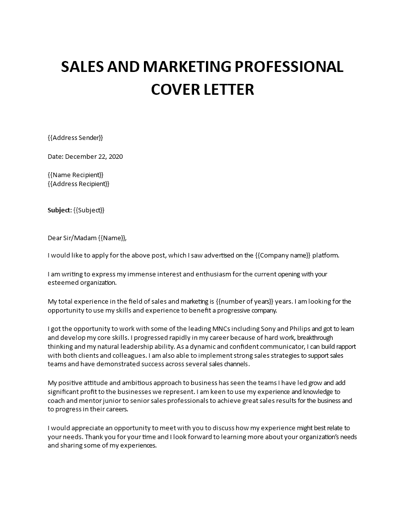sales and marketing cover letter template