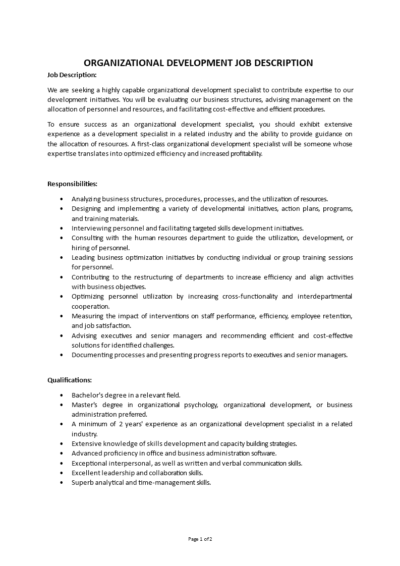 organizational development job description template