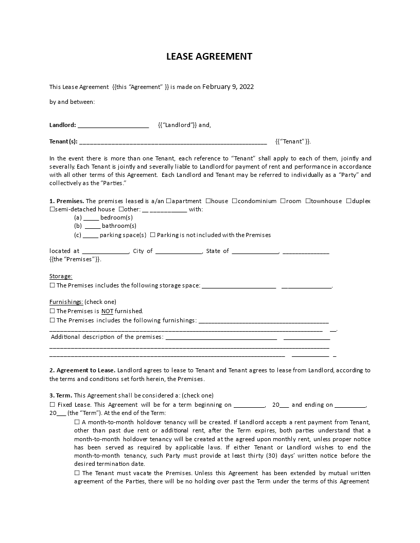 blank lease agreement template sample