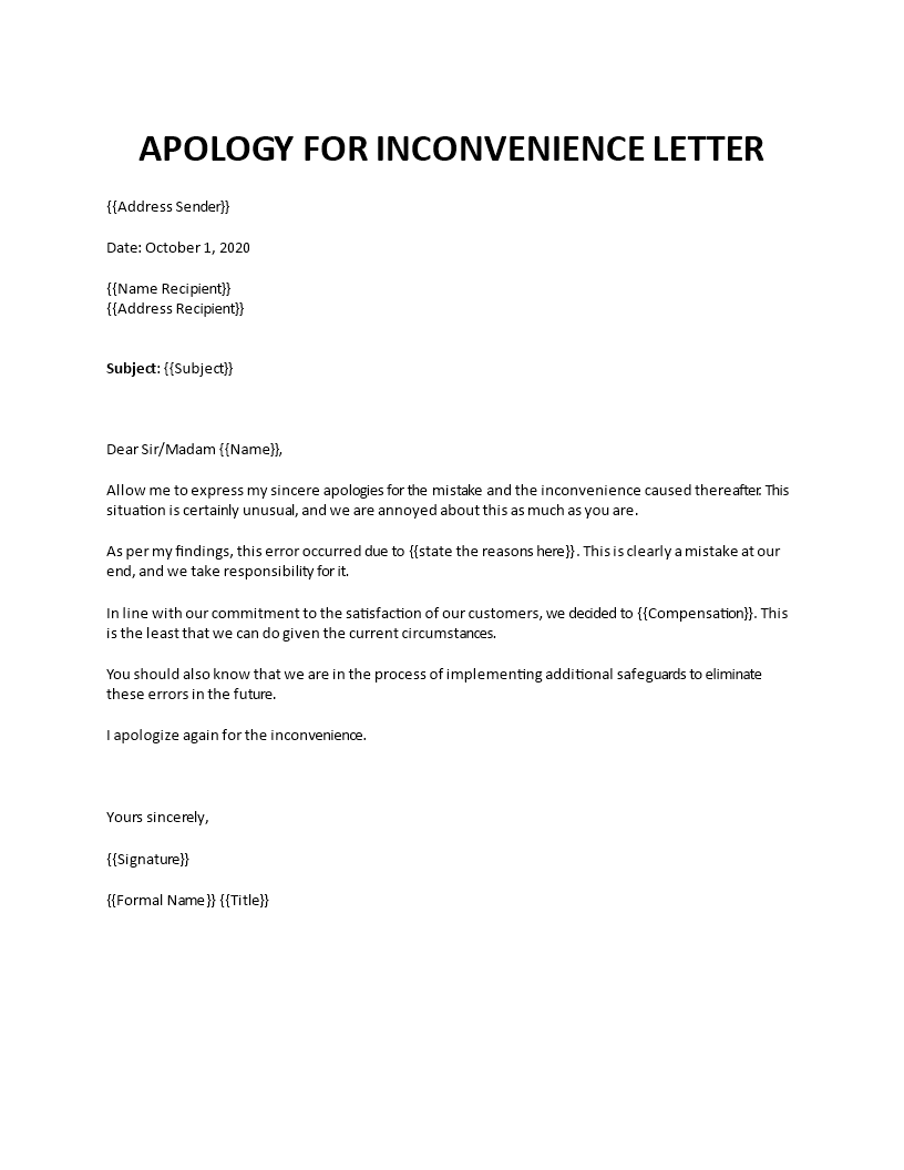 apology letter for mistake that were inconvenient