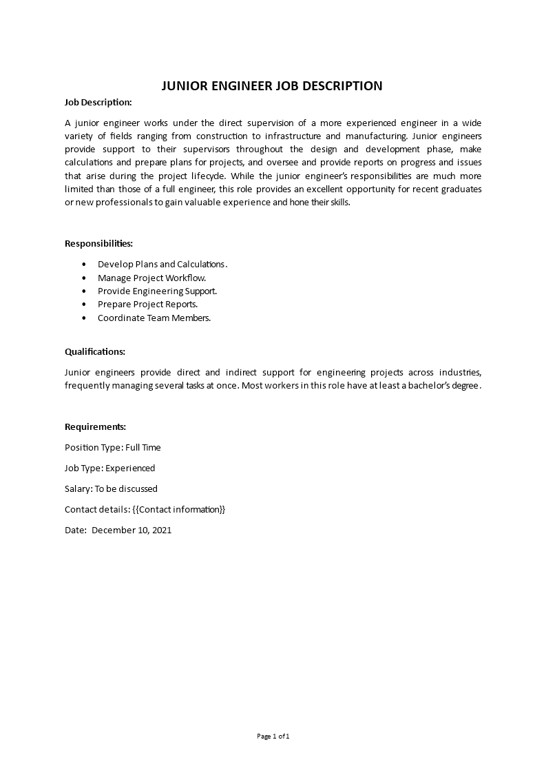 junior engineer job description Main Image junior engineer job description template