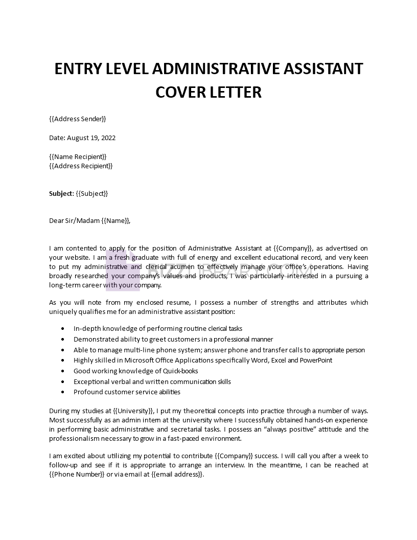admin assistant fresher cover letter