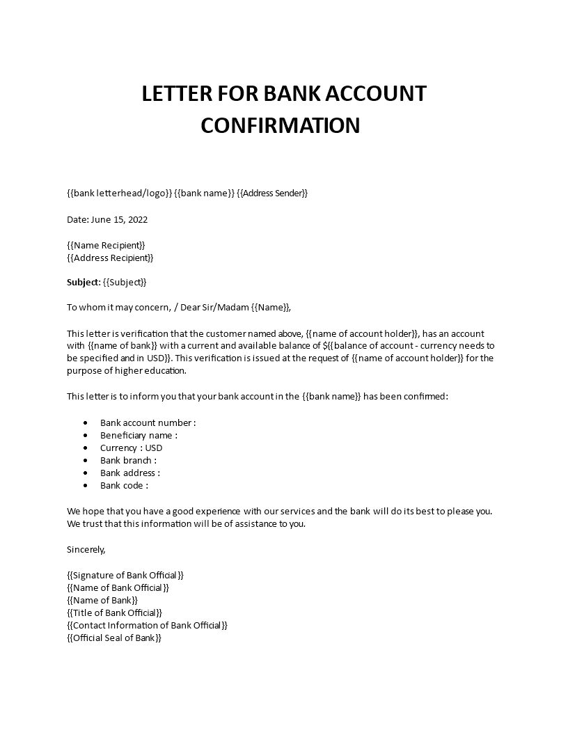 bank account confirmation letter example