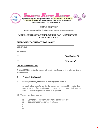 Nanny Contract Template - Employer and Nanny Agreement