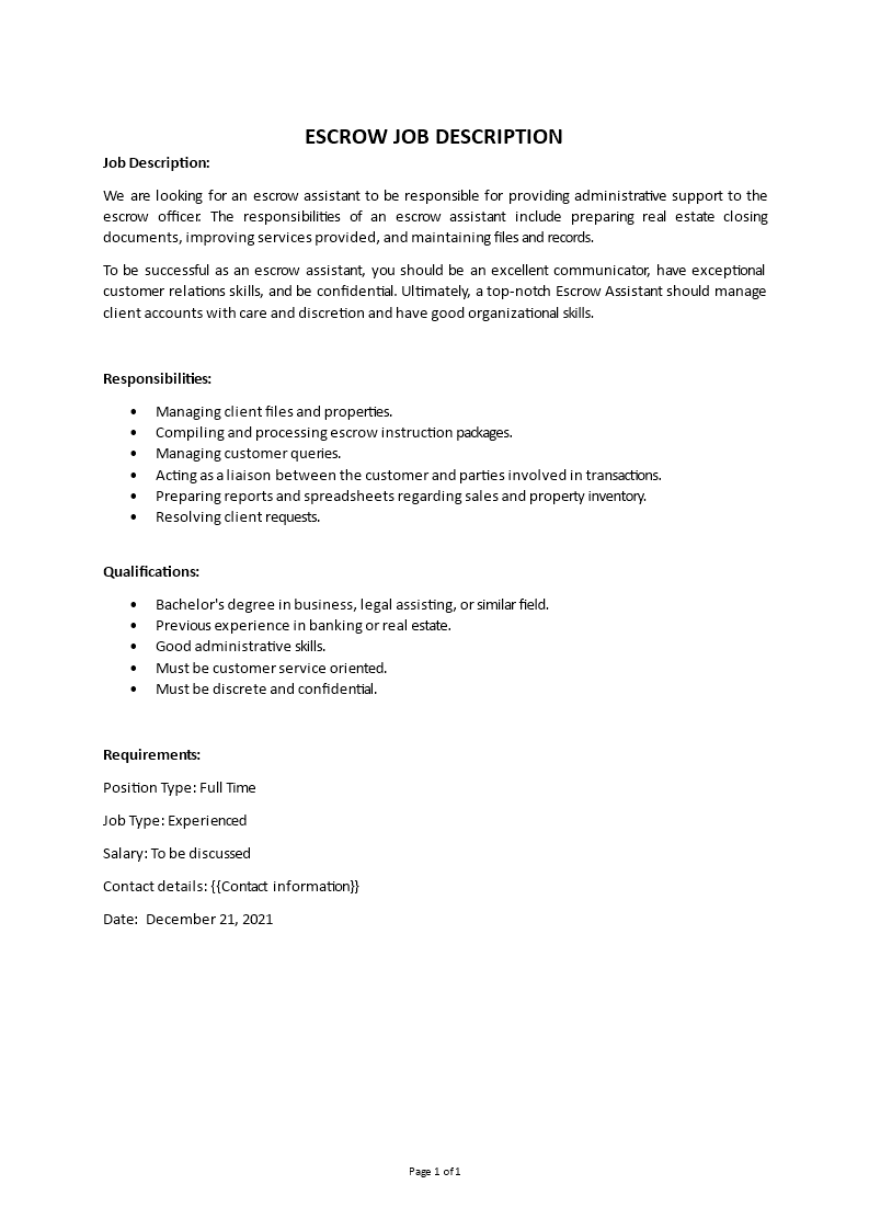 escrow assistant job description