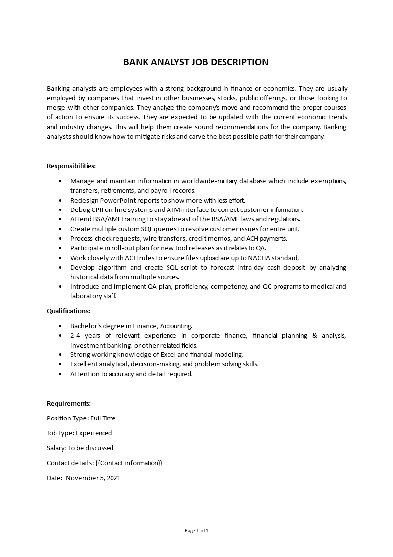 bank analyst job description Main Image bank analyst job description template