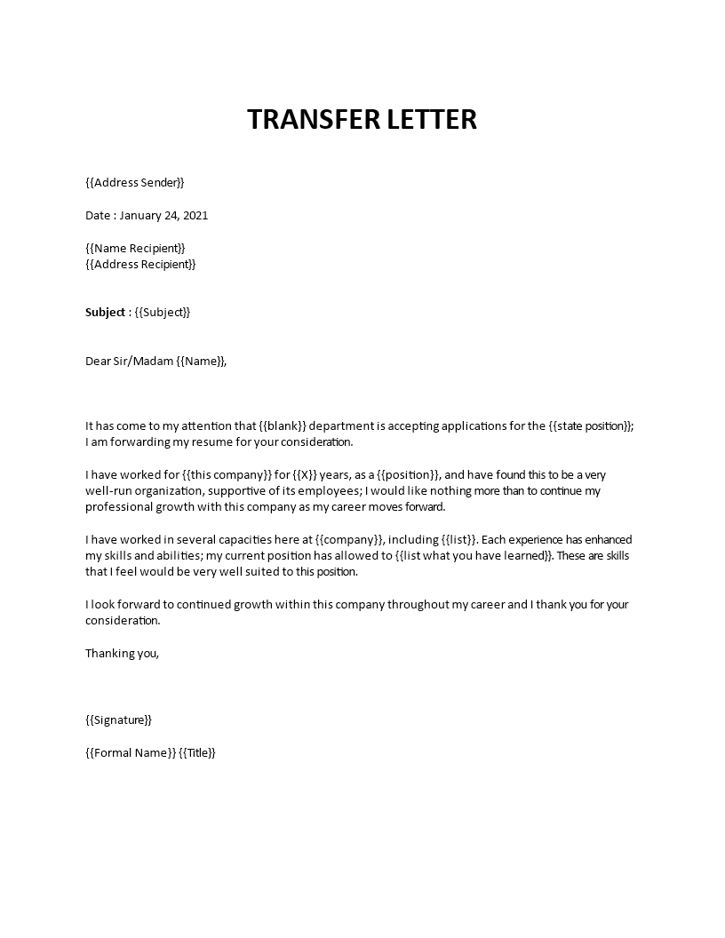sample letter for job transfer to another branch