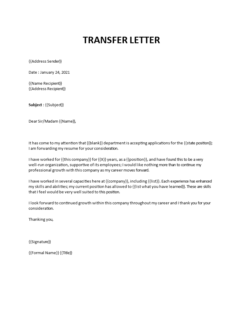 Job transfer request letter for personal reason