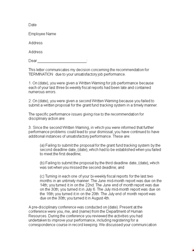Efficient Termination Letter Template for Unsatisfactory Employee Performance