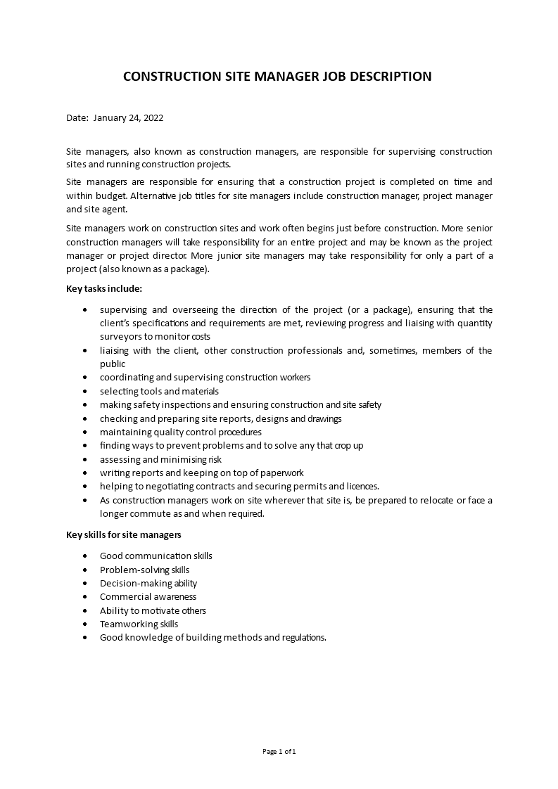 construction site manager job description