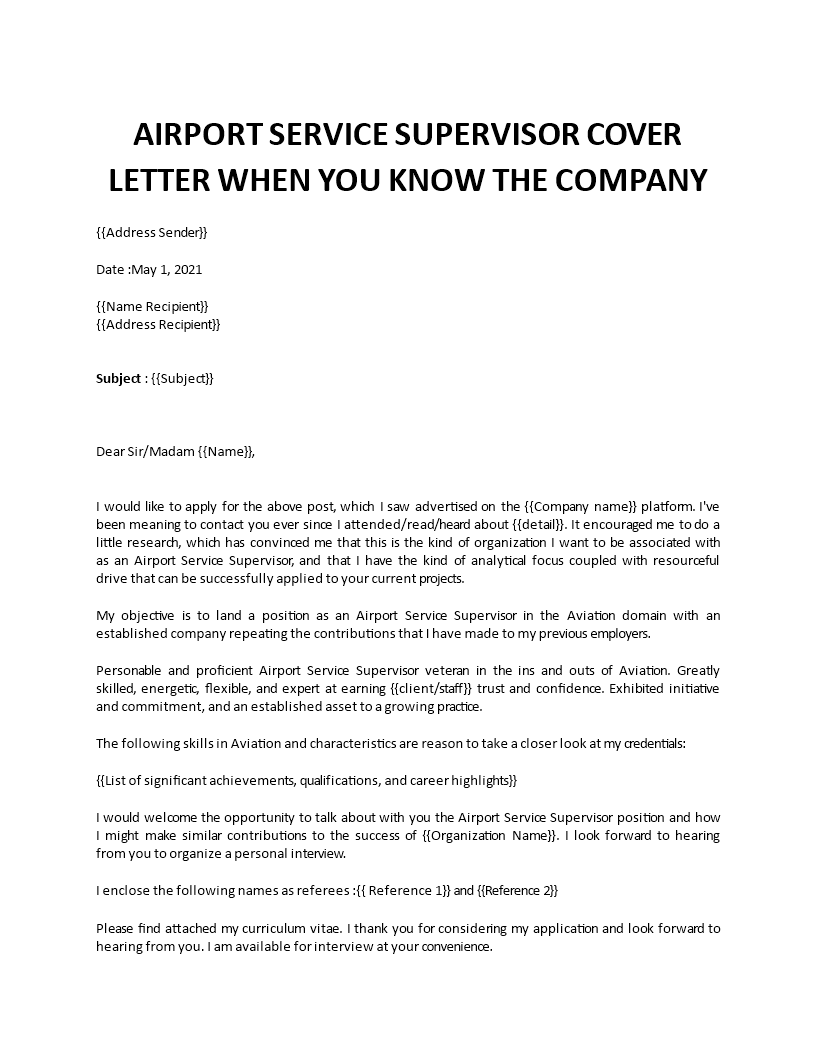 airport service supervisor cover letter template