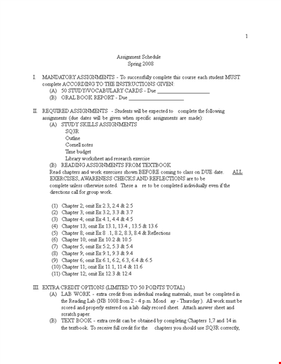 Assignment Schedule Template - Organize Your Class Assignments by Chapter