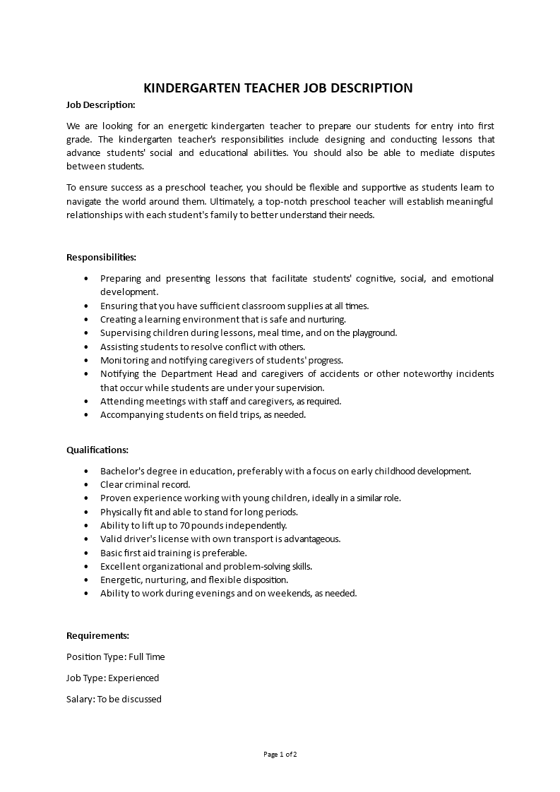 kindergarten teacher job description Main Image kindergarten teacher job description