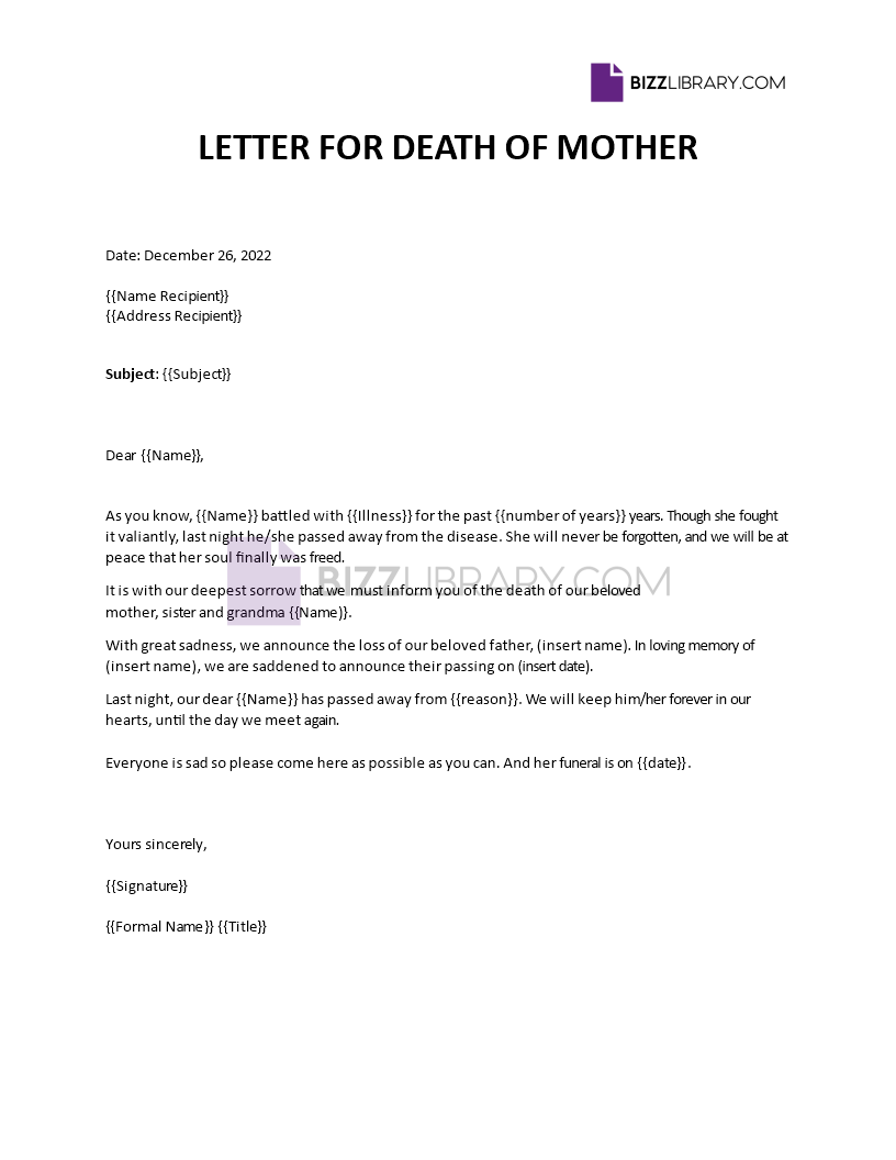 announcement of death of employee mother template