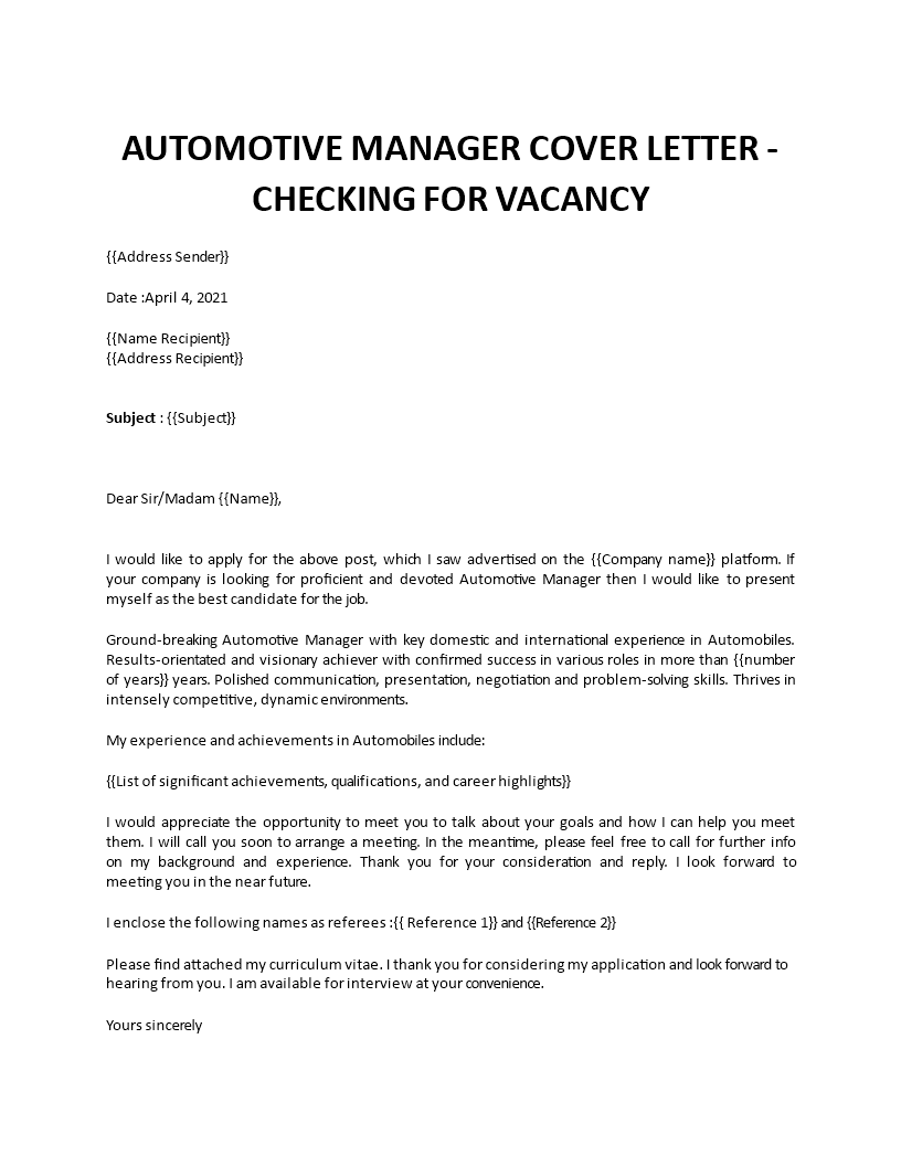automotive manager cover letter 