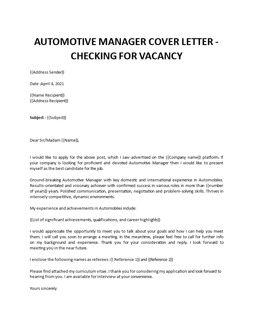 automotive manager cover letter Main Image automotive manager cover letter