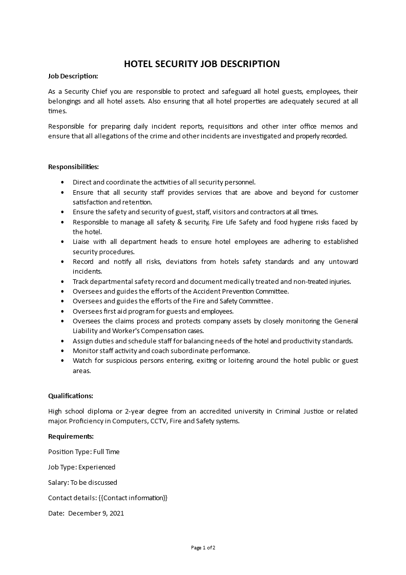 hotel security job description Main Image hotel security job description