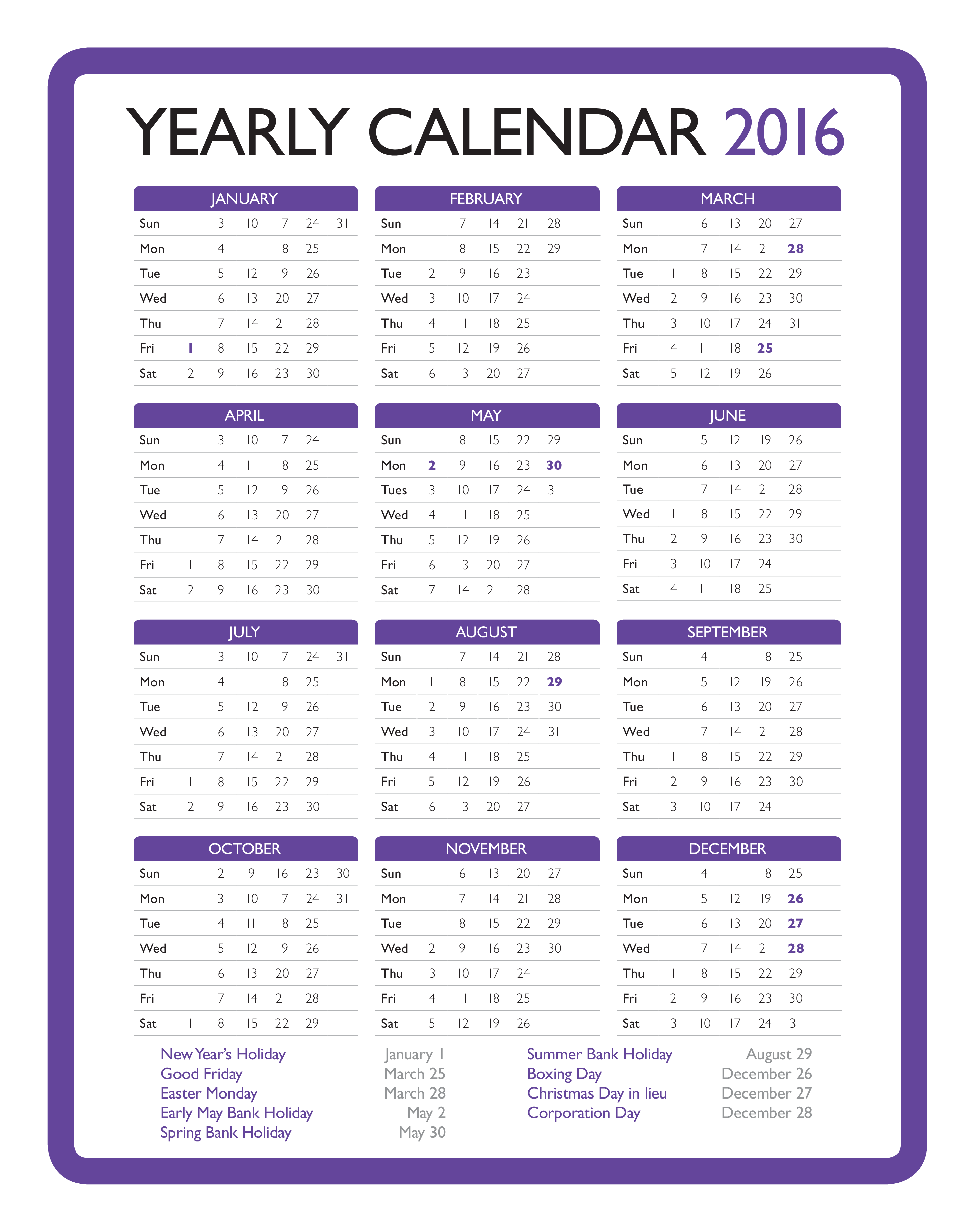 Printable Yearly Calendar Templates - Download and Print for Free