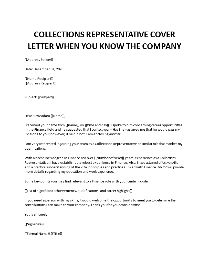 collections representative cover letter 