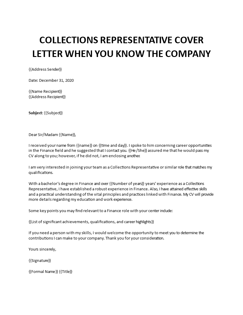collections representative cover letter
