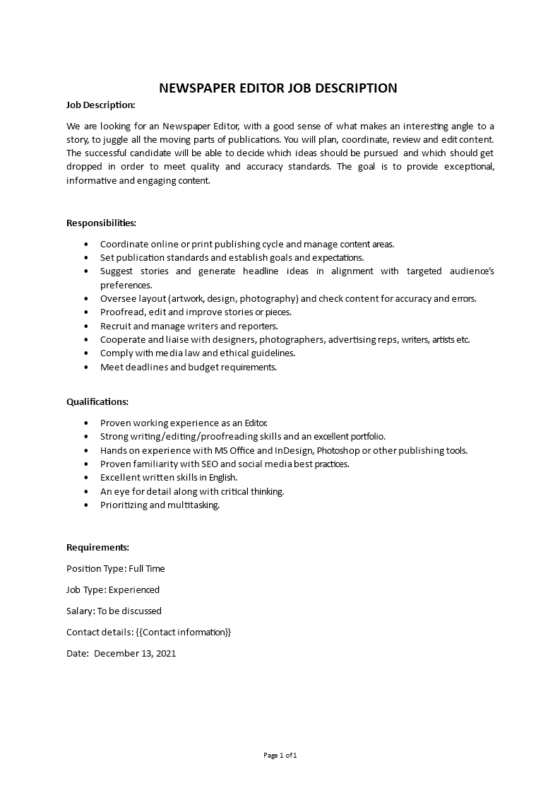 newspaper editor job description