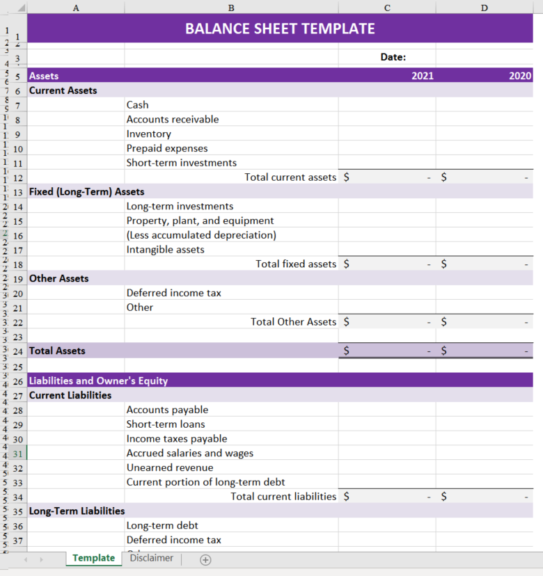 balance sheet template template