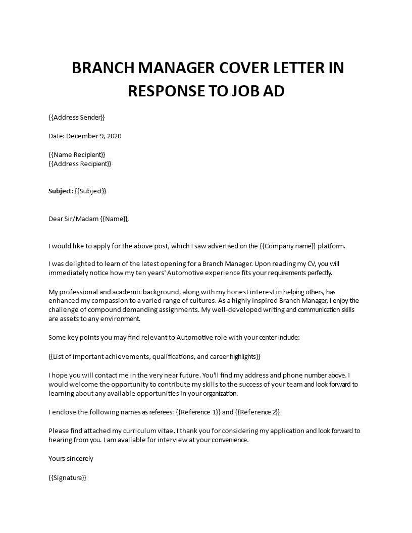 branch manager cover letter