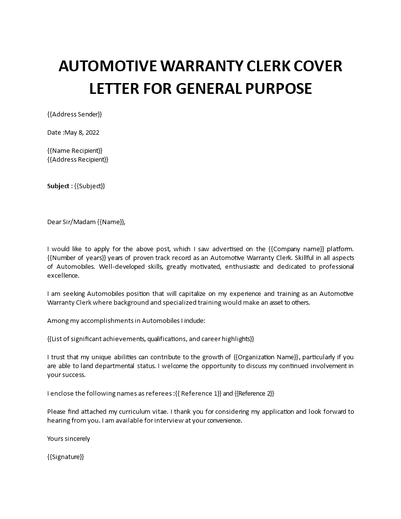 automotive warranty clerk cover letter Main Image automotive warranty clerk cover letter