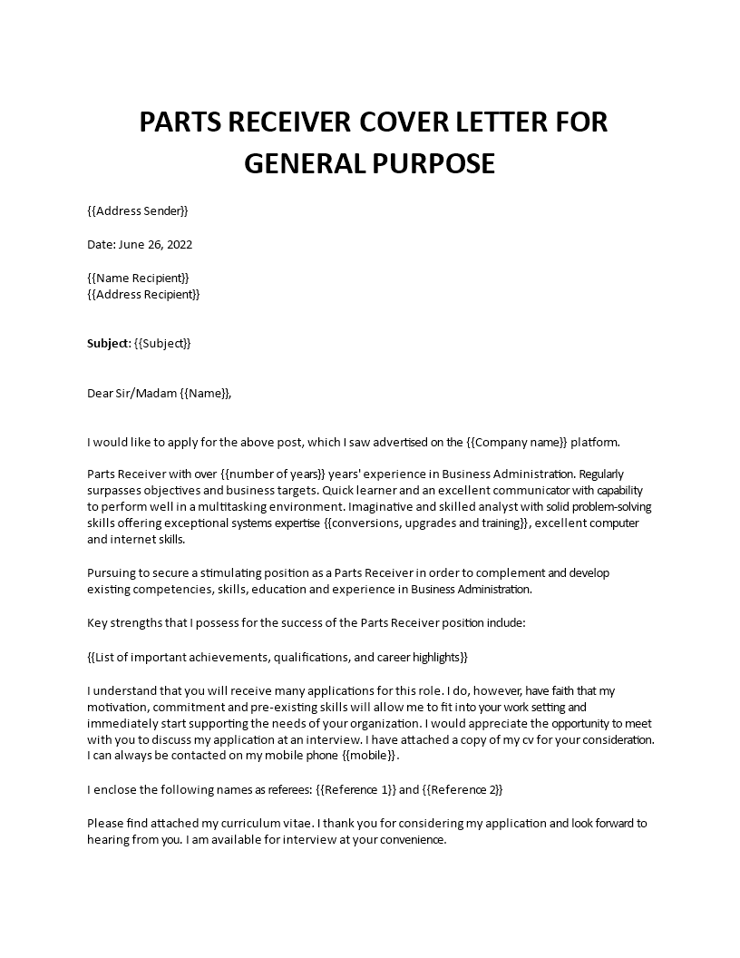 parts receiver cover letter