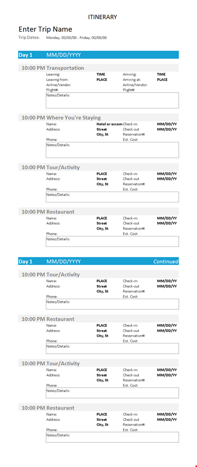 Itinerary Daily Template