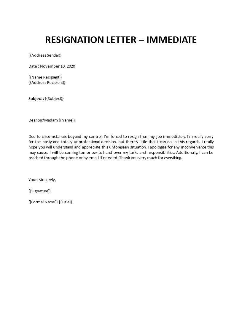 immediate resignation letter for personal reasons template