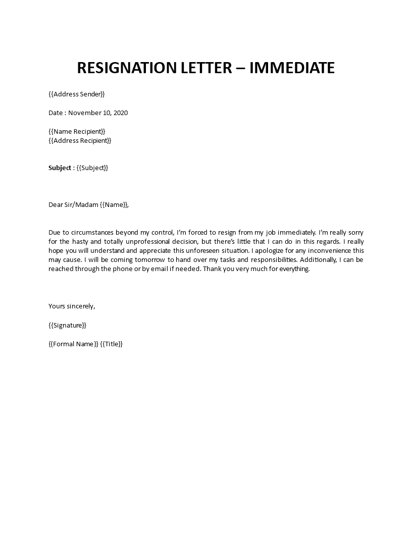 Resignation Letter Template Immediate Effect