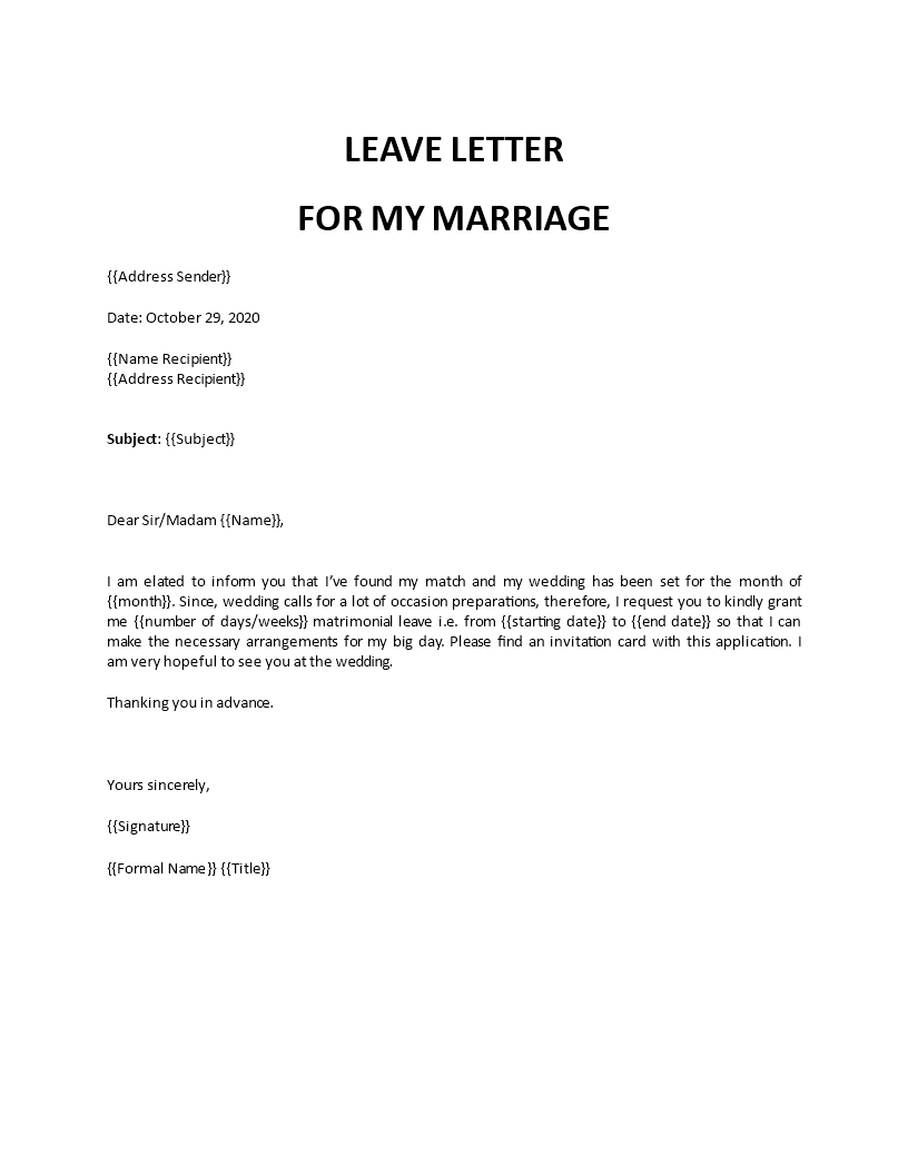 leave letter for my marriage
