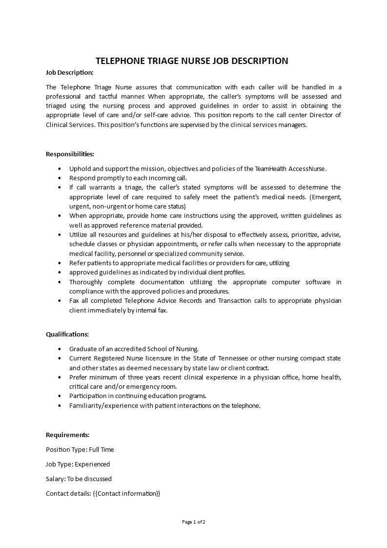 telephone triage nurse job description Main Image telephone triage nurse job description