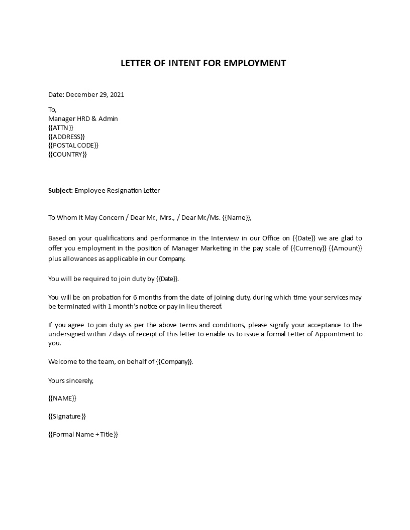 intent for employment letter template