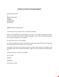 Intent for Employment Letter