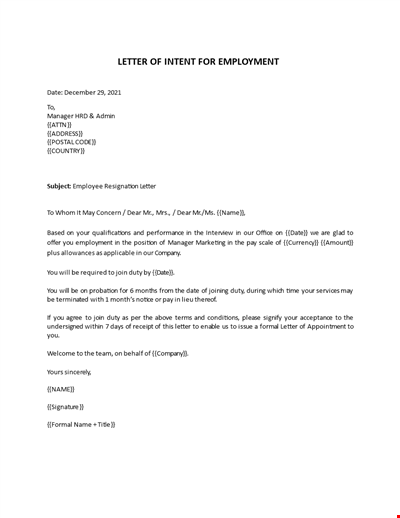 Intent for Employment Letter