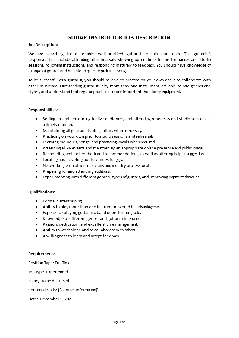 guitar instructor job description Main Image guitar instructor job description template