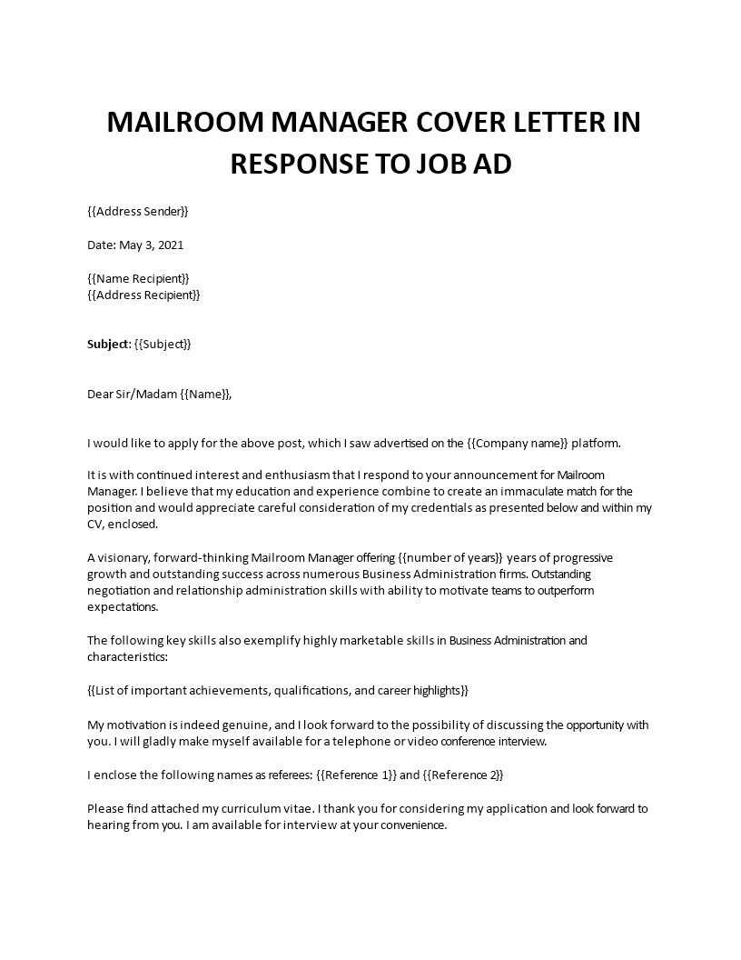 mailroom manager cover letter