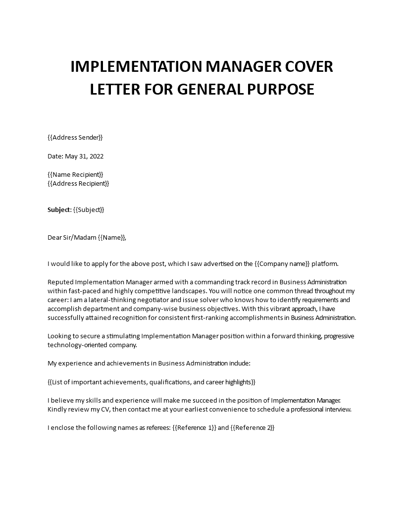 implementation manager cover letter template