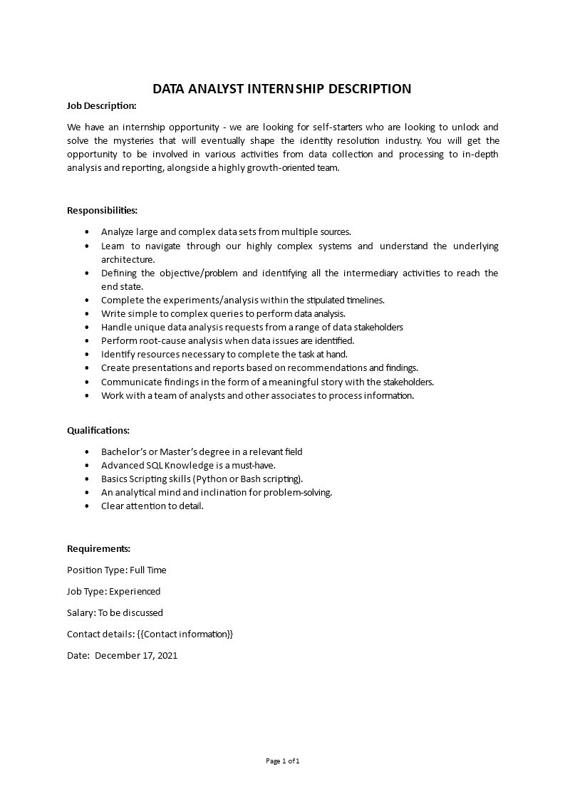 data analyst internship job description template