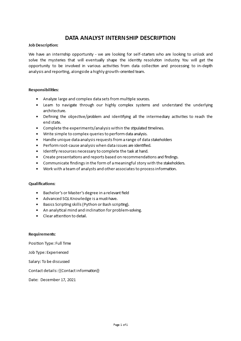data analyst internship job description