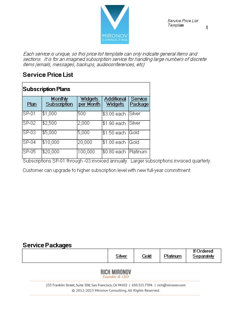Service Price List Template Service Price List Template