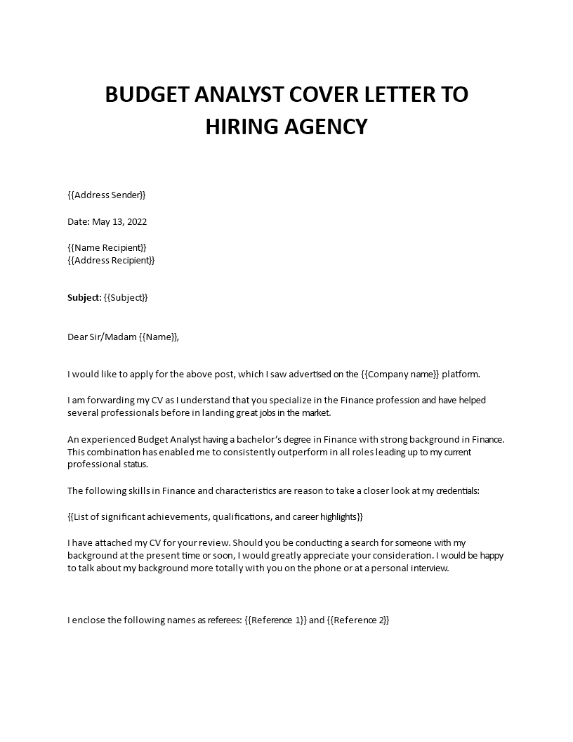 budget analyst sample cover letter template