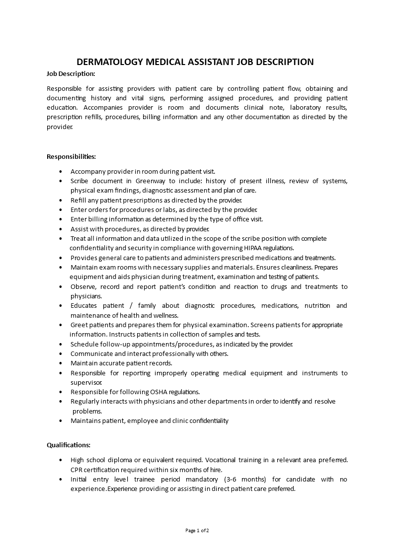 dermatology medical assistant job description template